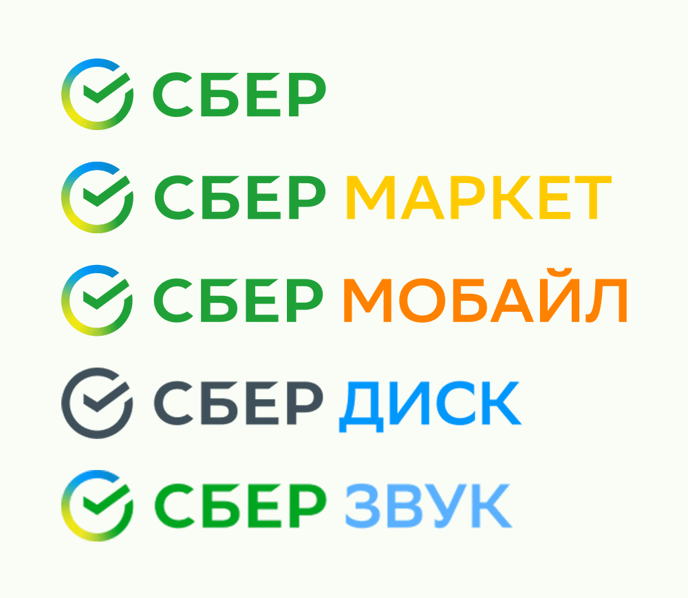 Сбер 金融銀行品牌重塑-品牌架構(gòu)-子品牌名稱及配色 Сбер 金融銀行品牌重塑-品牌架構(gòu)-子品牌名稱及配色
