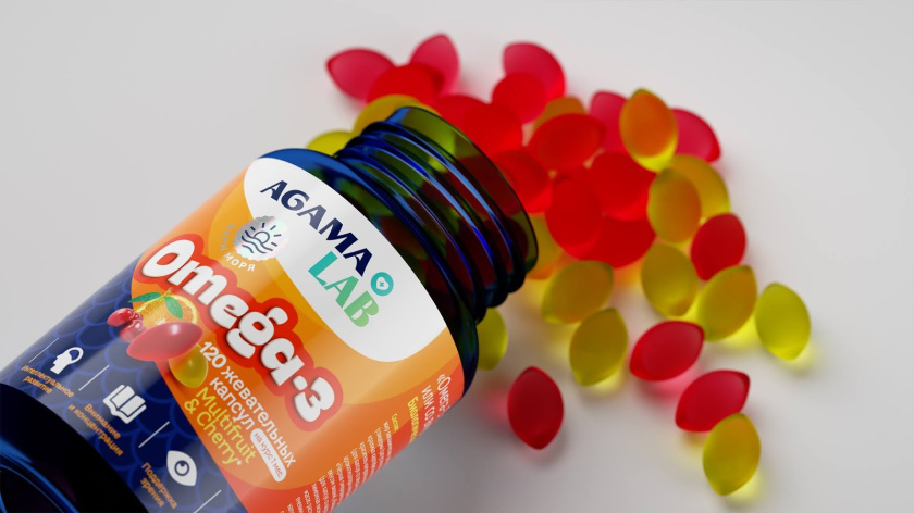 Agama lab魚肝油Omega-3魚油保健品包裝設計，注重信息分類處理