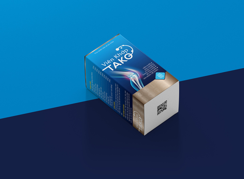 Tako 關(guān)節(jié)補(bǔ)充劑藥品保健品包裝設(shè)計(jì)，膝關(guān)節(jié)在藍(lán)色光面紙材料的圖像顯示