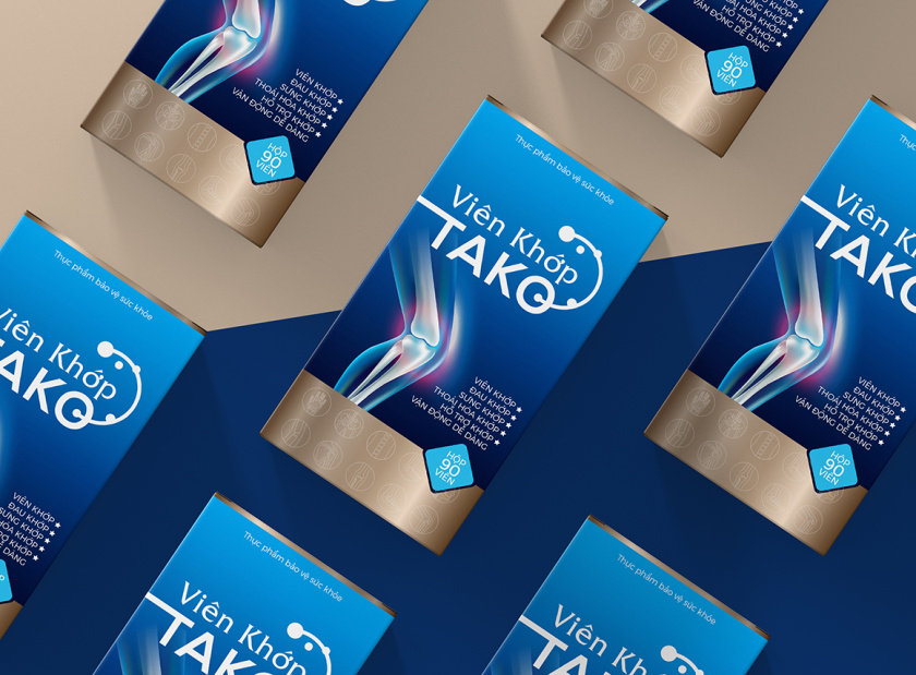 Tako 關(guān)節(jié)補(bǔ)充劑藥品保健品包裝設(shè)計(jì)，膝關(guān)節(jié)在藍(lán)色光面紙材料的圖像顯示