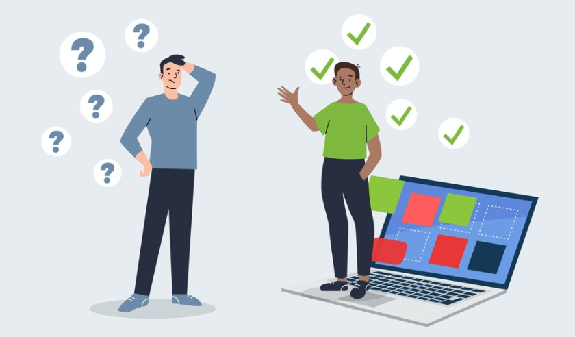 兩個人通過筆記本就logo設(shè)計進行線上交流.