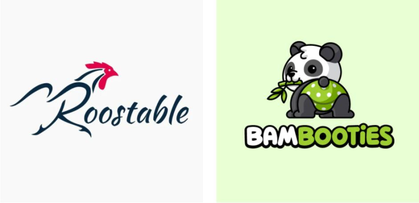 左圖：公雞的簡(jiǎn)約形象融入了字母 右圖：熊貓寶寶穿著綠色尿布，從肩膀上看