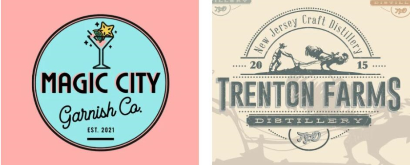 左圖：圓形青色標(biāo)志顯示馬提尼酒杯 右圖：鄉(xiāng)村酒廠標(biāo)志顯示一個(gè)男人和一只公雞犁地