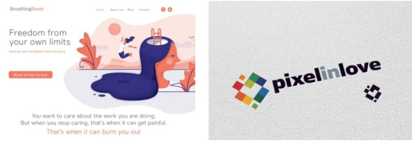 左圖：柔和色調(diào)的網(wǎng)頁(yè)設(shè)計(jì) 右圖：由不同顏色的方塊組成的心