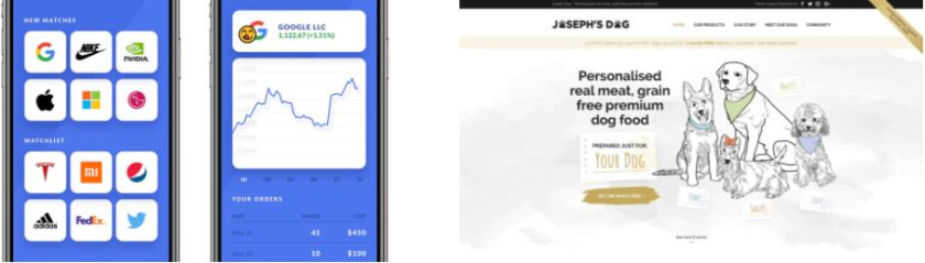  左圖：顯示交易應(yīng)用程序設(shè)計(jì)的智能手機(jī)屏幕 右圖：插圖風(fēng)格的網(wǎng)站設(shè)計(jì)與狗和狗食