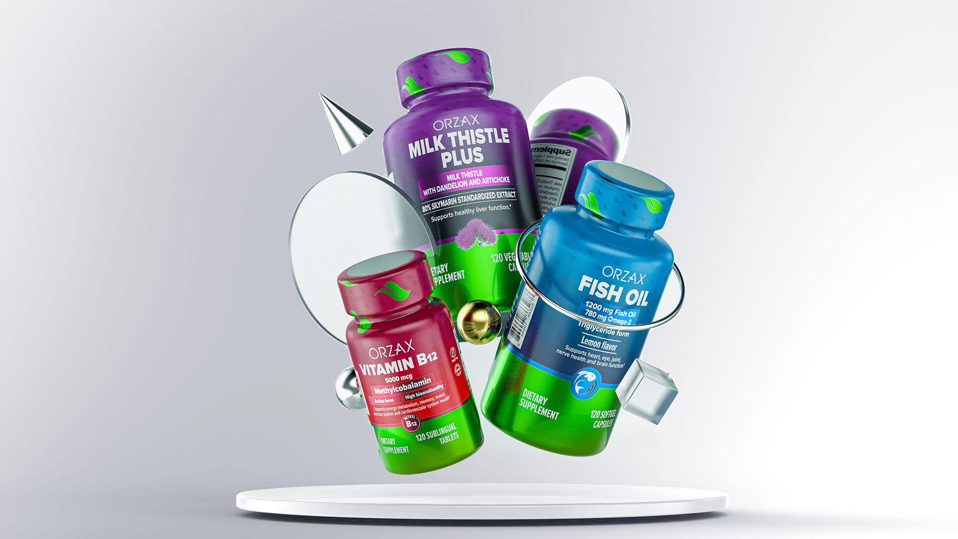 Orzax品牌營養(yǎng)補充劑系列保健品包裝設(shè)計，綠色搭配變色，啞光+金屬色