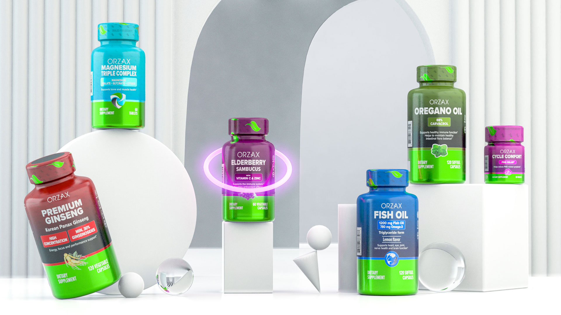 Orzax品牌營養(yǎng)補充劑系列保健品包裝設(shè)計，綠色搭配變色，啞光+金屬色