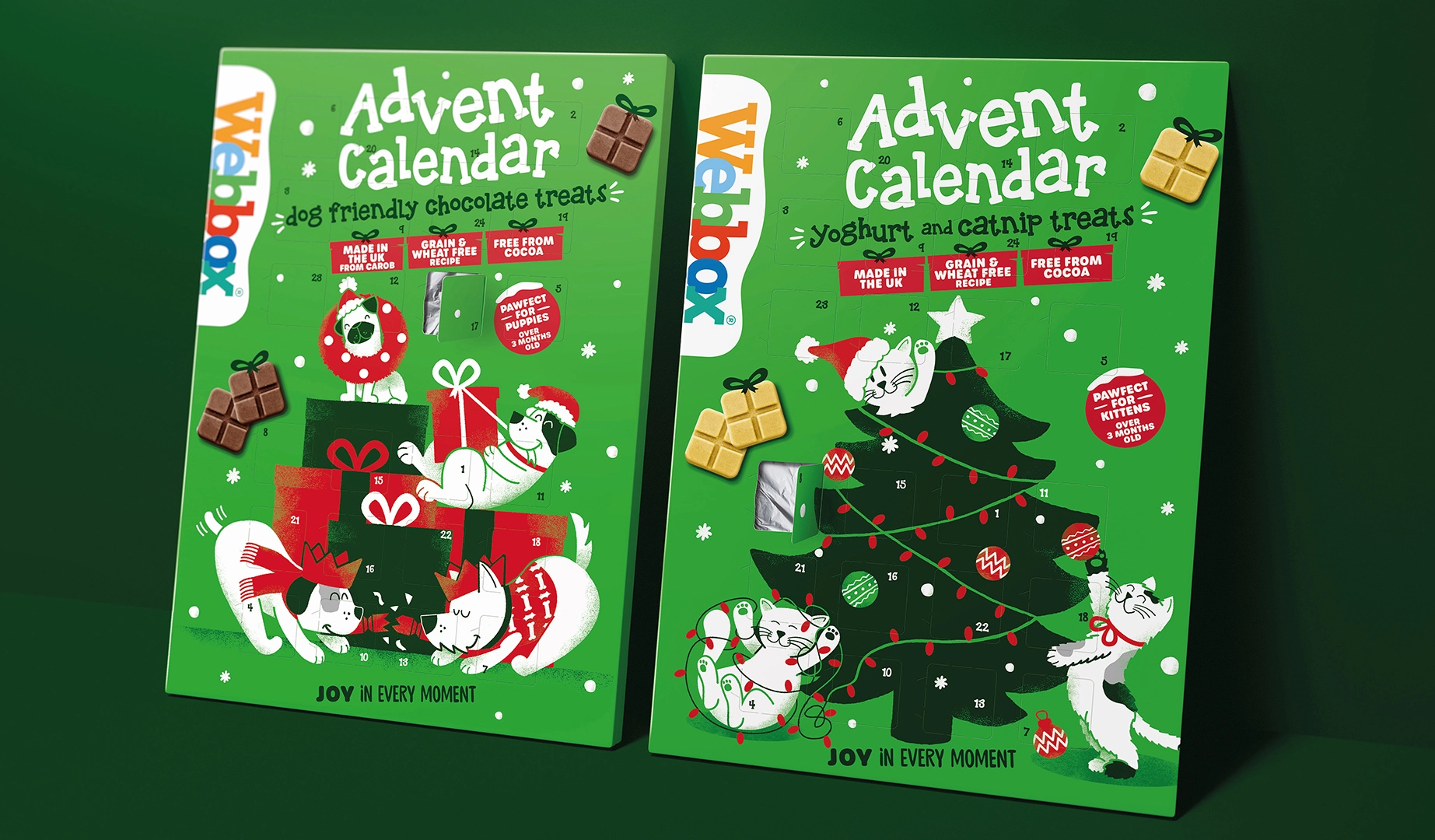 Webbox寵物食品用品貓糧狗糧圣誕節(jié)節(jié)日包裝設(shè)計，調(diào)皮搗蛋寵物插圖