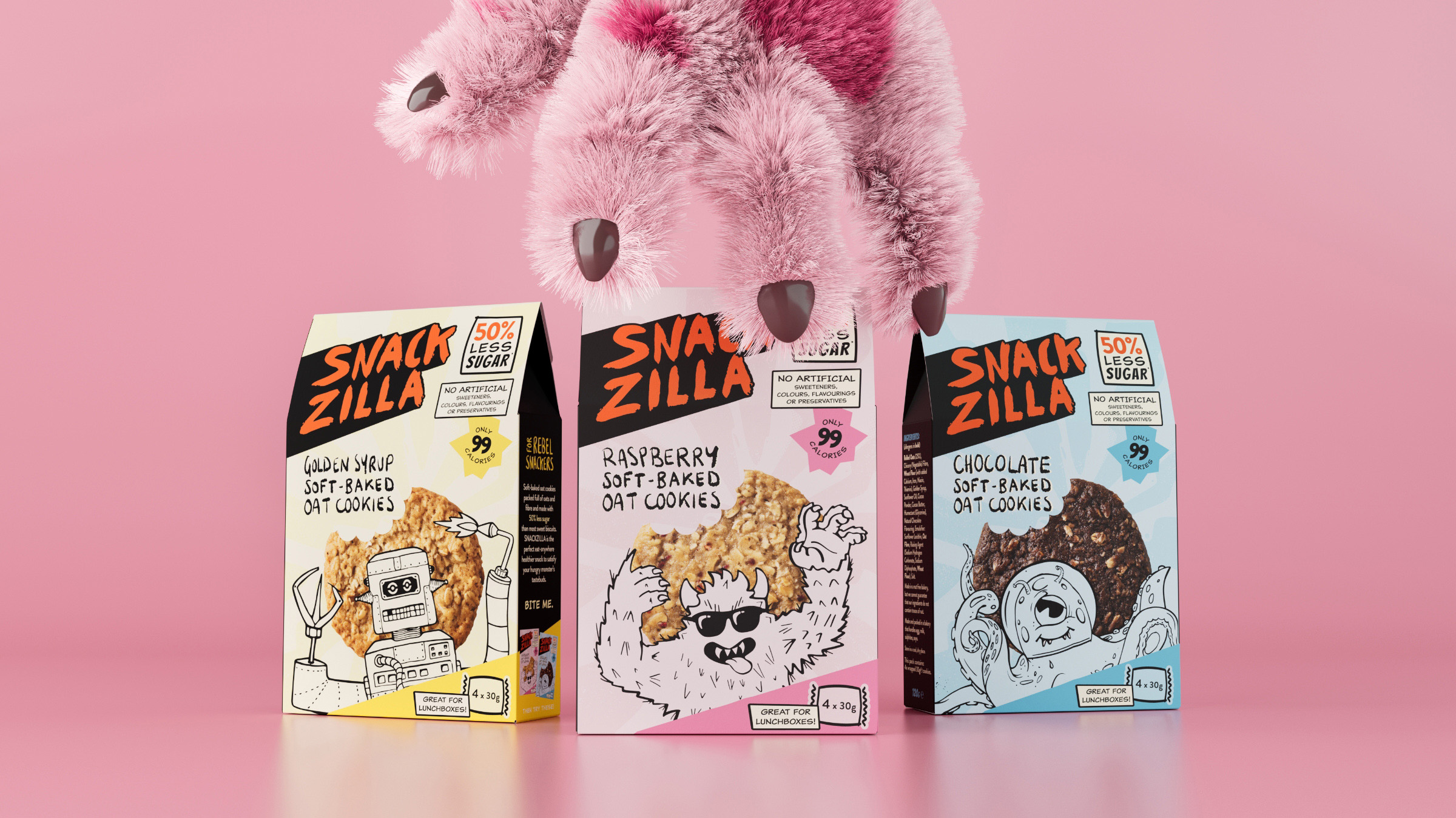 Snackzilla 燕麥餅干兒童低糖零食包裝設(shè)計(jì)，夸張的動(dòng)物線條插畫