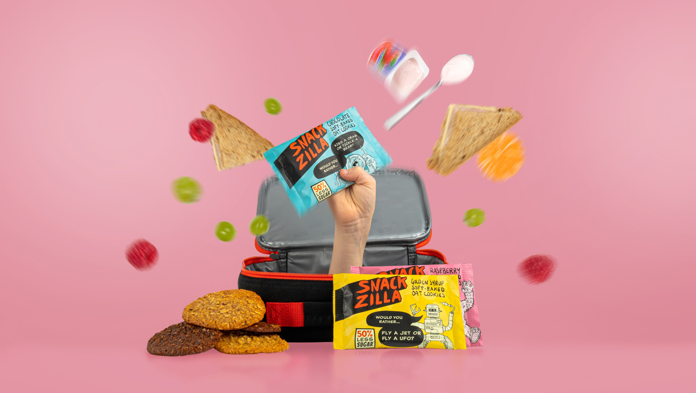 Snackzilla 燕麥餅干兒童低糖零食包裝設(shè)計(jì)，夸張的動(dòng)物線條插畫