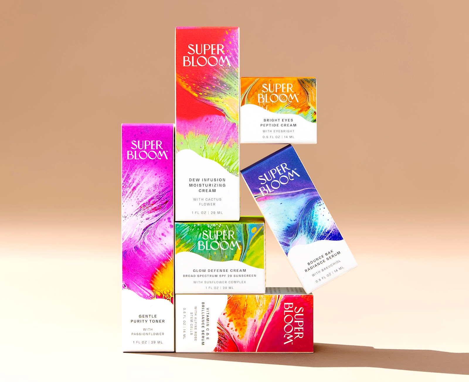 Superbloom 純植物素化妝品包裝設計，漸變水彩綻放女性美麗