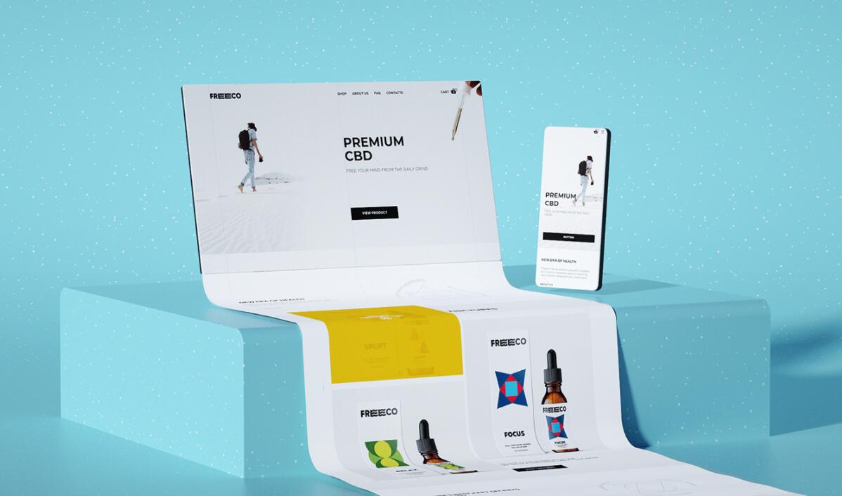 freeco天然大麻提取物滴劑藥品包裝設(shè)計(jì)，抽象幾何圖案組合