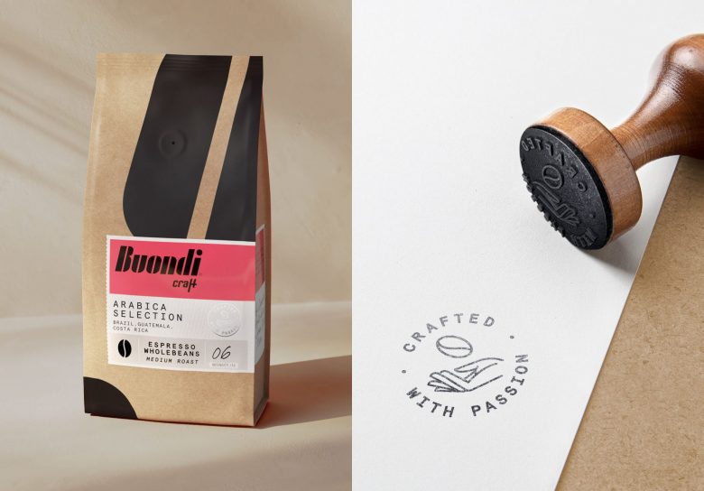 Buondi 咖啡標(biāo)簽貼紙包裝設(shè)計(jì)與字母中間切開(kāi)標(biāo)志設(shè)計(jì) Buondi 咖啡標(biāo)簽貼紙包裝設(shè)計(jì)與字母中間切開(kāi)標(biāo)志設(shè)計(jì)