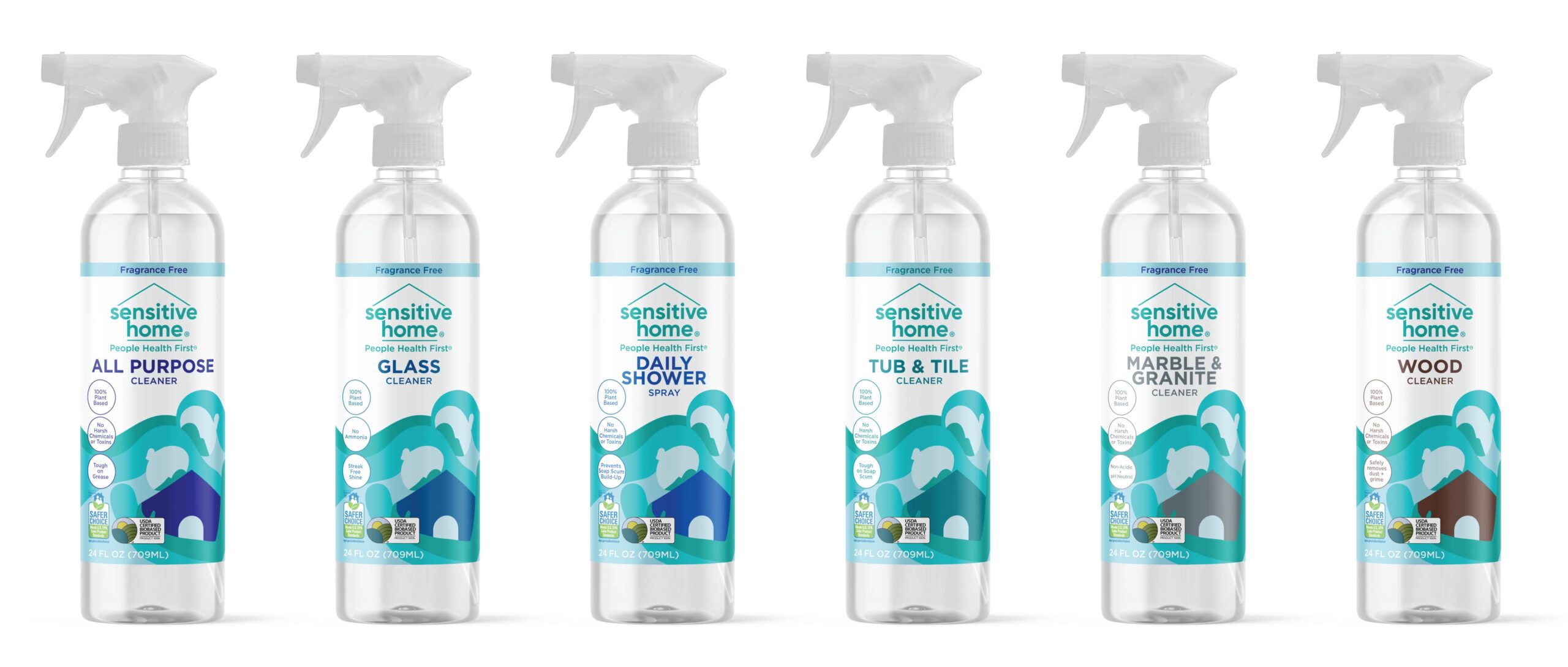 Sensitive Home敏感家居家用清潔劑洗衣液洗碗液logo設(shè)計(jì)包裝設(shè)計(jì)，兩個(gè)長(zhǎng)發(fā)女人擁抱房子插畫(huà)