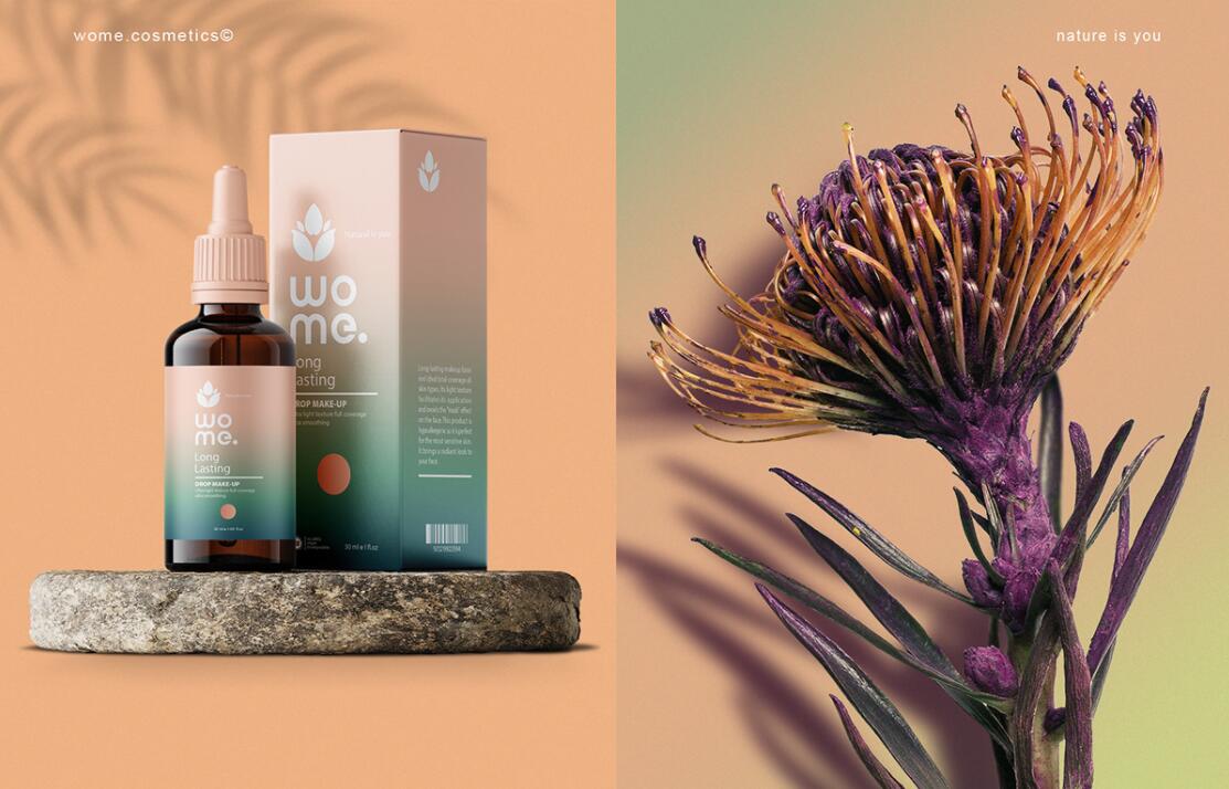 Wome 天然護膚品化妝品logo設計“水滴花朵”與產(chǎn)品包裝設計”金綠漸變色“