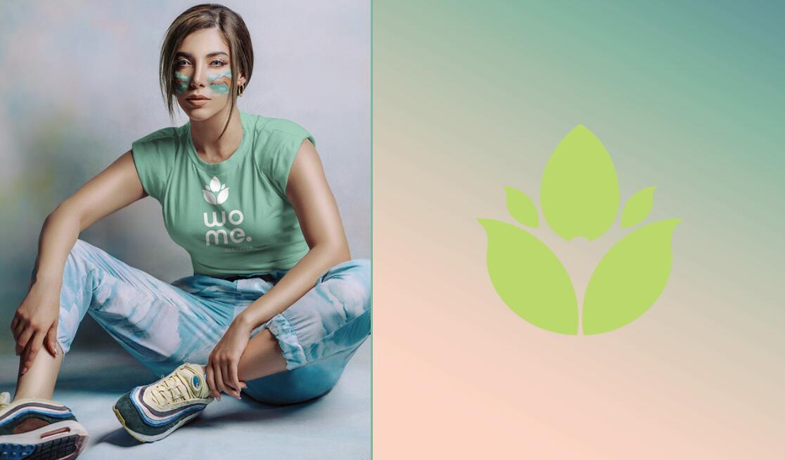 Wome 天然護膚品化妝品logo設計“水滴花朵”與產(chǎn)品包裝設計”金綠漸變色“