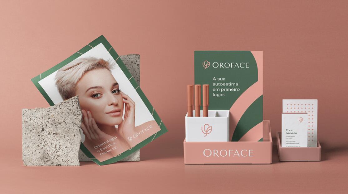 Oroface牙科牙齒矯正與口腔美容醫(yī)療診所logo設(shè)計(jì)vi設(shè)計(jì)，花朵字母logo+粉綠配色