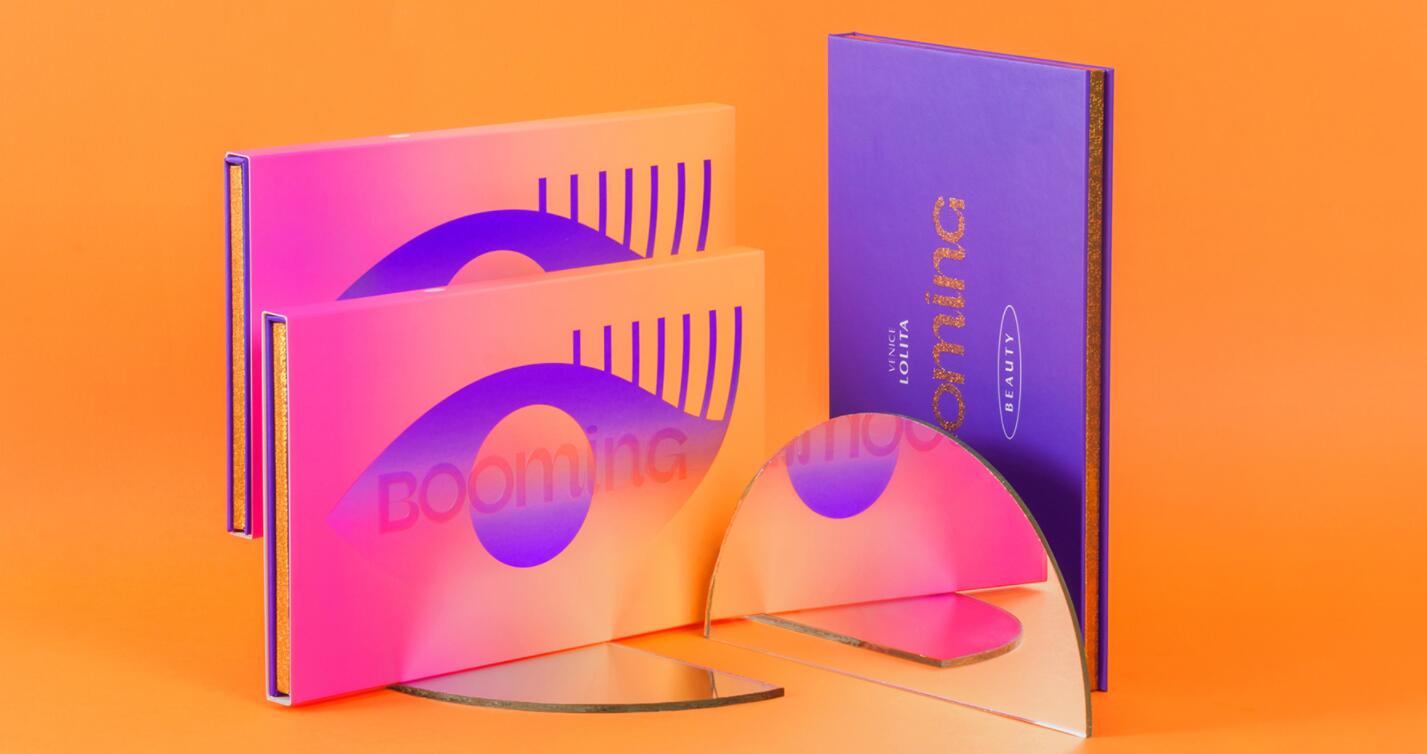 BOOMING 彩妝化妝品包裝設計，“粉金漸變色”金屬箔和閃光裝飾設計