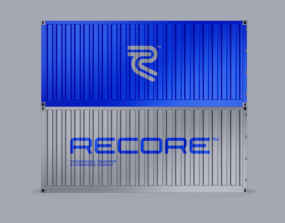 Recore 航運(yùn)公司logo設(shè)計(jì)vi設(shè)計(jì)，雙線條“R”字母與藍(lán)灰配色