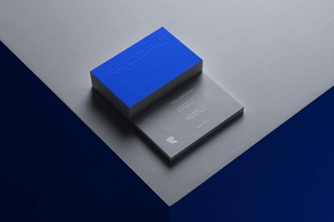 Recore 航運(yùn)貨運(yùn)物流公司logo設(shè)計(jì)vi設(shè)計(jì)，雙線條“R”字母與藍(lán)灰配色