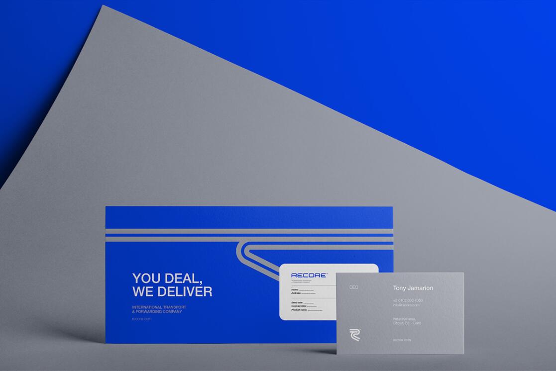 Recore 航運(yùn)貨運(yùn)物流公司logo設(shè)計(jì)vi設(shè)計(jì)，雙線條“R”字母與藍(lán)灰配色
