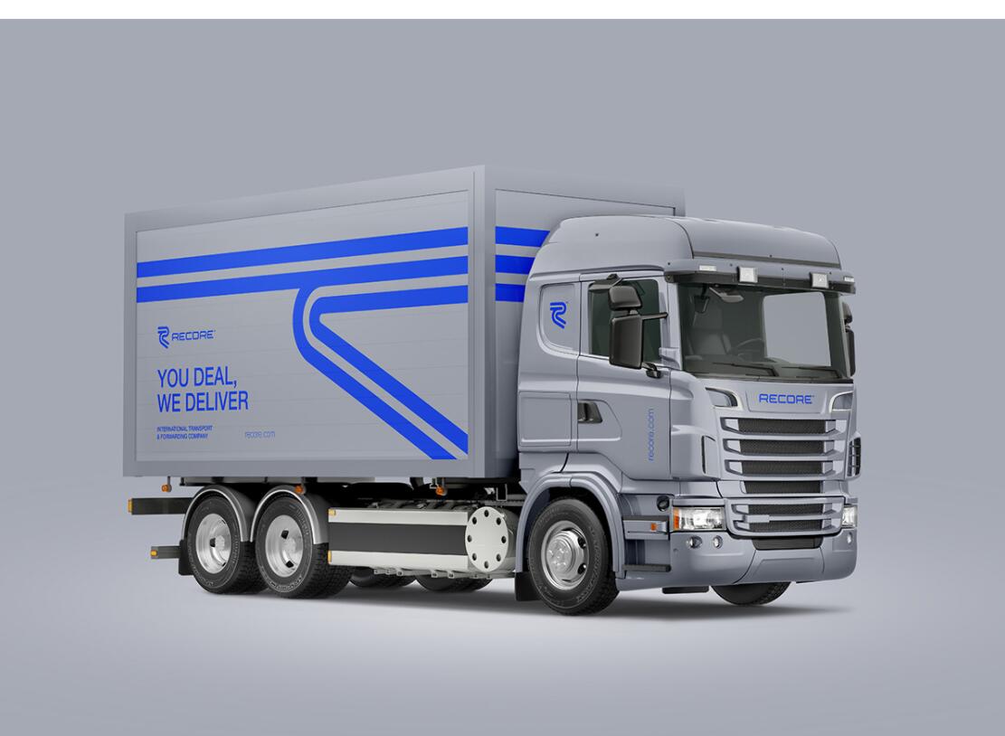 Recore 航運(yùn)貨運(yùn)物流公司logo設(shè)計(jì)vi設(shè)計(jì)，雙線條“R”字母與藍(lán)灰配色