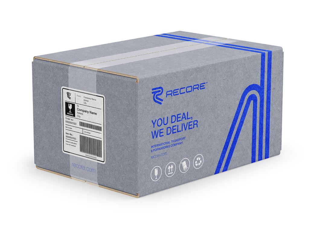 Recore 航運(yùn)貨運(yùn)物流公司logo設(shè)計(jì)vi設(shè)計(jì)，雙線條“R”字母與藍(lán)灰配色