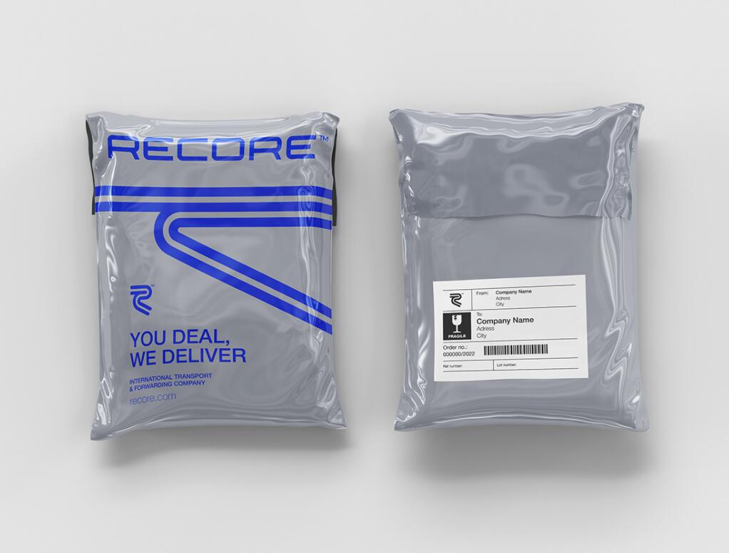 Recore 航運(yùn)貨運(yùn)物流公司logo設(shè)計(jì)vi設(shè)計(jì)，雙線條“R”字母與藍(lán)灰配色