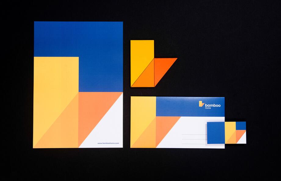 Bamboo Home 建筑公司品牌vis視覺識別設(shè)計，平面幾何色塊構(gòu)建立體效果
