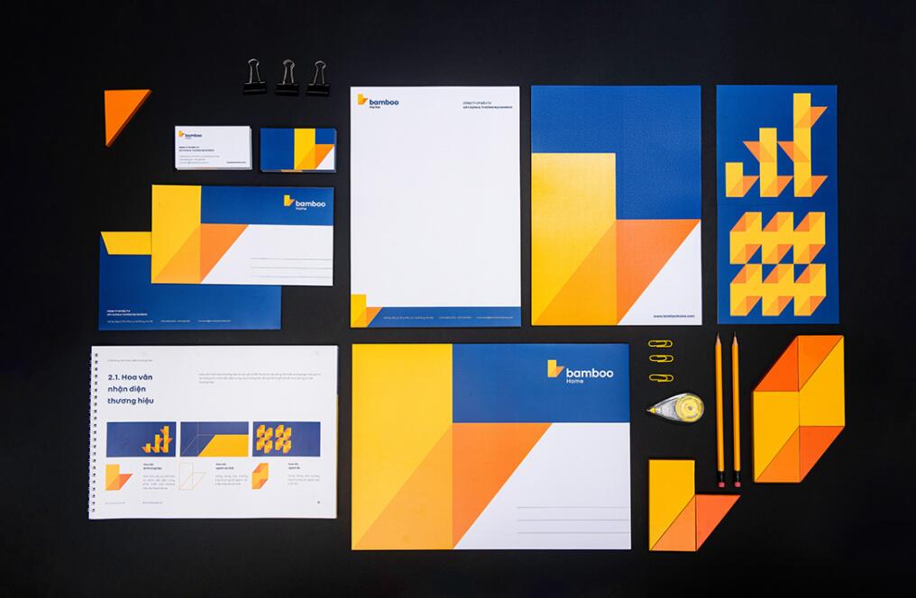 Bamboo Home 建筑公司品牌vis視覺識別設(shè)計，平面幾何色塊構(gòu)建立體效果