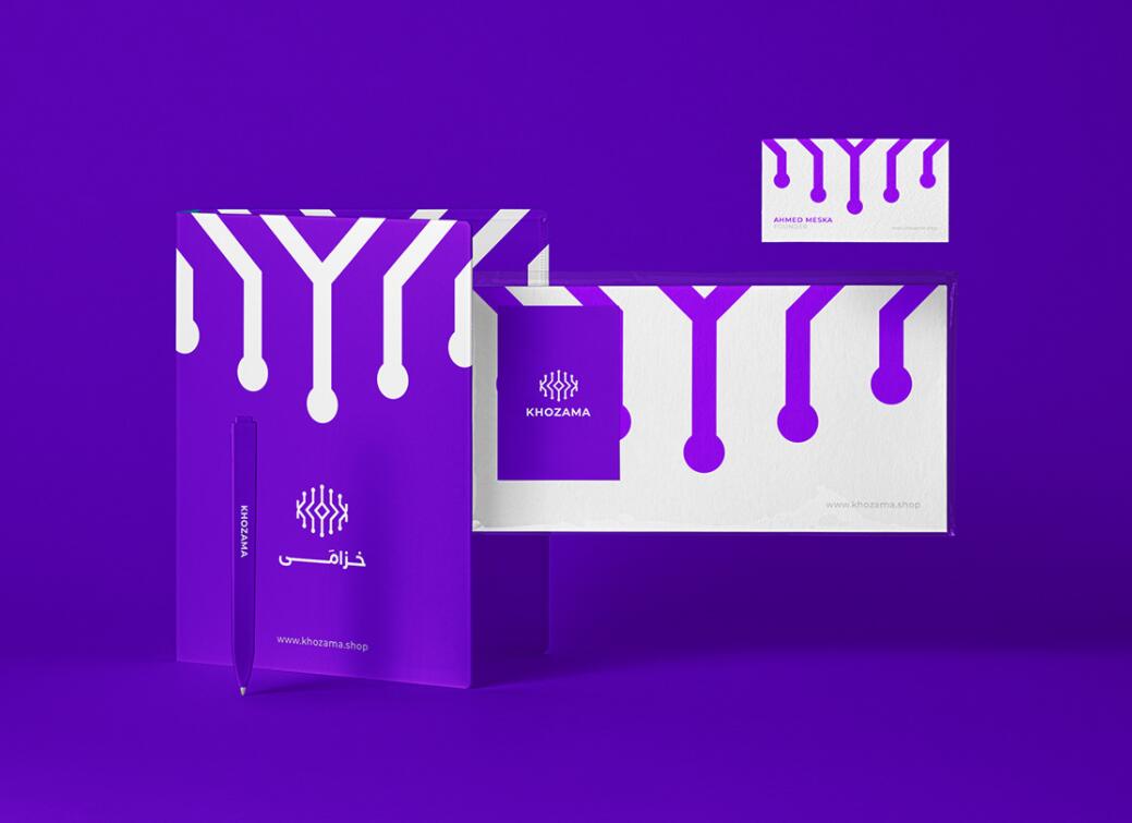 Khozama數碼科技電子產品在線商店品牌logo設計vi設計，“字母k+電路”圖案