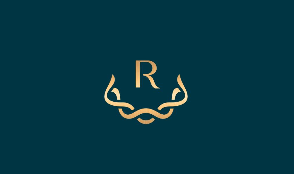 Ruco非手術(shù)美容與皮膚護(hù)理醫(yī)療logo設(shè)計vi設(shè)計。青黑色金色奢侈風(fēng)與循環(huán)交叉線條