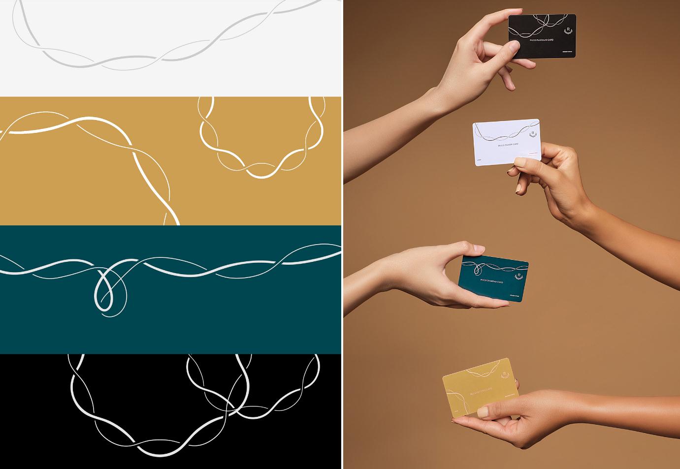 Ruco非手術(shù)美容與皮膚護(hù)理醫(yī)療logo設(shè)計(jì)vi設(shè)計(jì)。青黑色金色奢侈風(fēng)與循環(huán)交叉線條-主題視覺(jué)輔助圖形