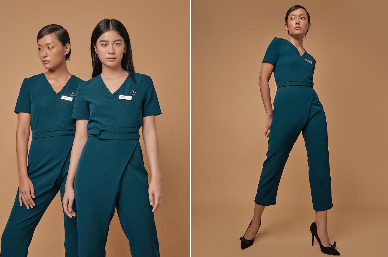 Ruco非手術(shù)美容與皮膚護(hù)理醫(yī)療logo設(shè)計vi設(shè)計。青黑色金色奢侈風(fēng)與循環(huán)交叉線條-制服設(shè)計