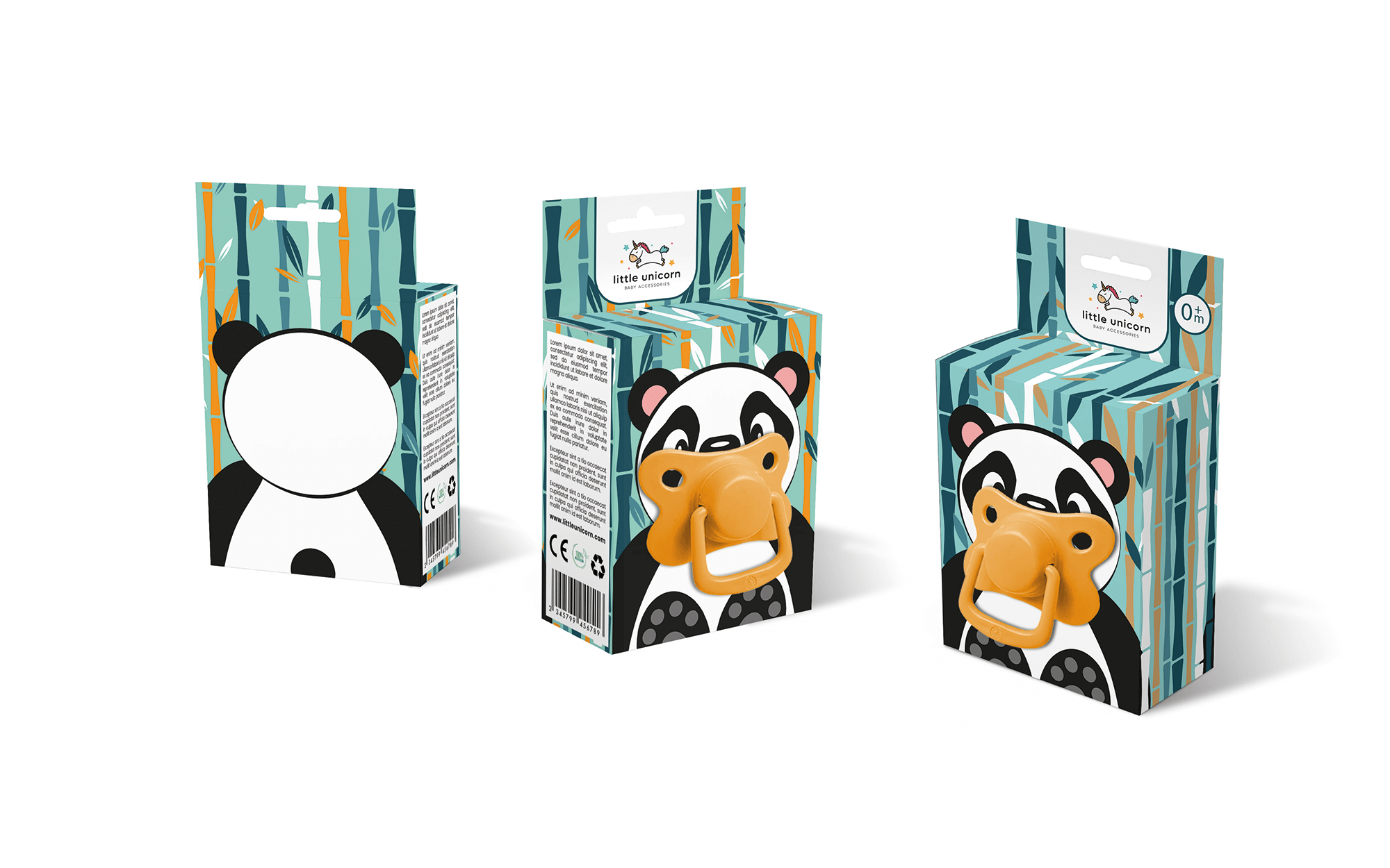 小獨角獸嬰兒奶嘴包裝設計“熊貓、長頸鹿和小猴子”插畫