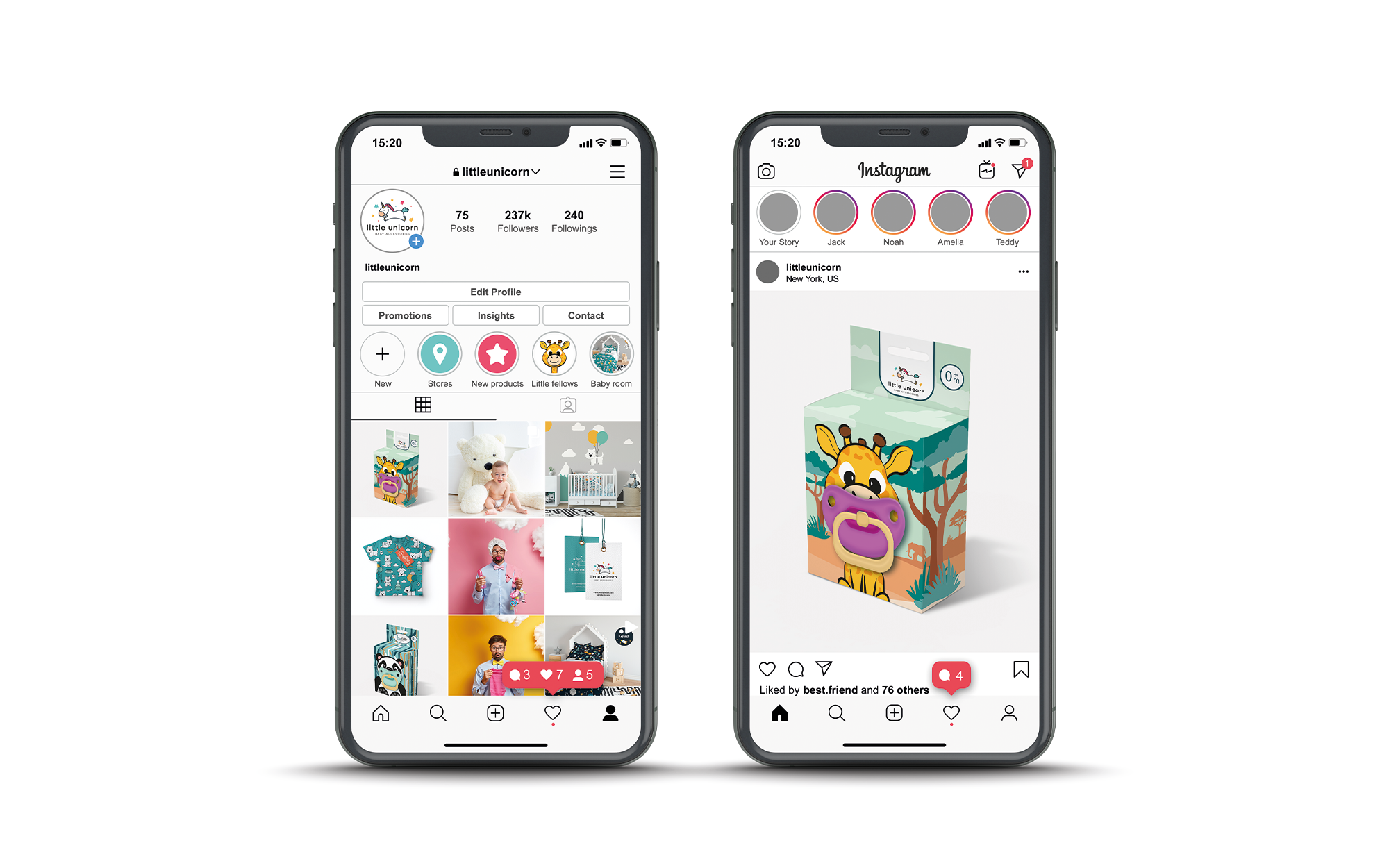 小獨角獸嬰兒奶嘴包裝設計“熊貓、長頸鹿和小猴子”插畫