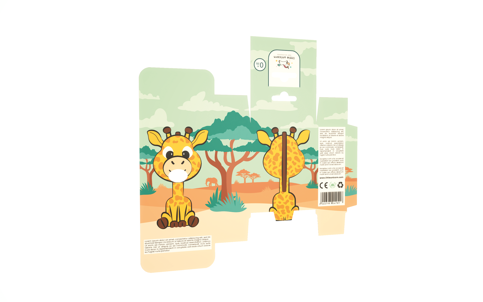 小獨角獸嬰兒奶嘴包裝設計“熊貓、長頸鹿和小猴子”插畫