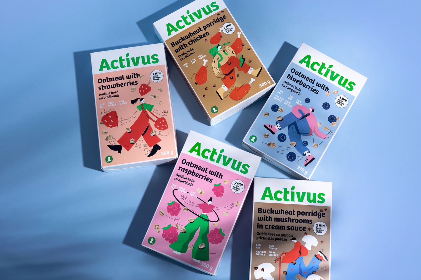 ACTIVUS 杯裝健康速食早餐午餐包裝設(shè)計，比例夸張的活力人物插畫