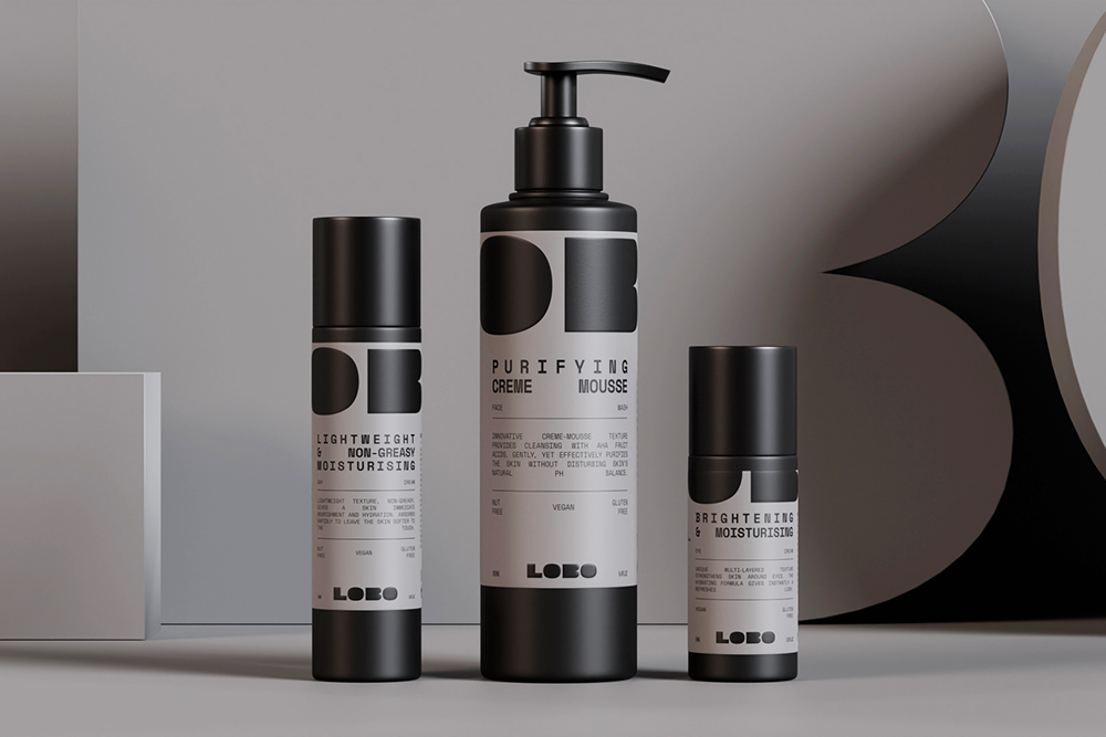 LOBO 男性有機護膚化妝品品牌logo設計包裝設計，黑灰粗體字風格