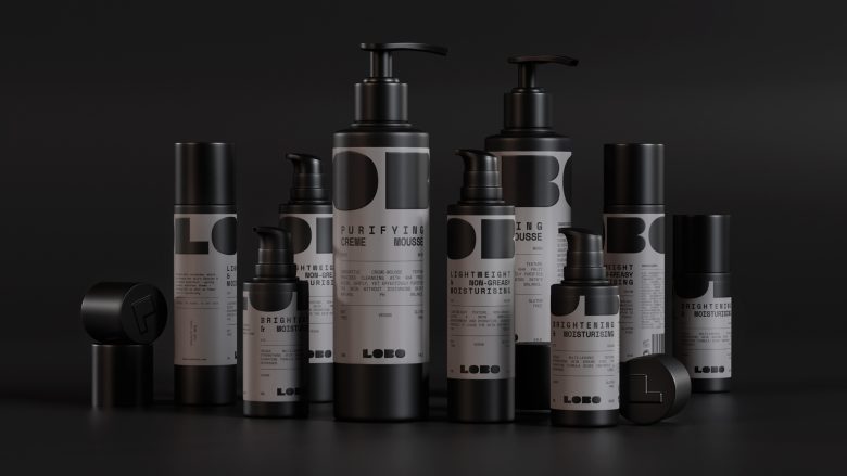 LOBO 男性有機(jī)護(hù)膚化妝品品牌logo設(shè)計(jì)包裝設(shè)計(jì)，黑灰粗體字風(fēng)格