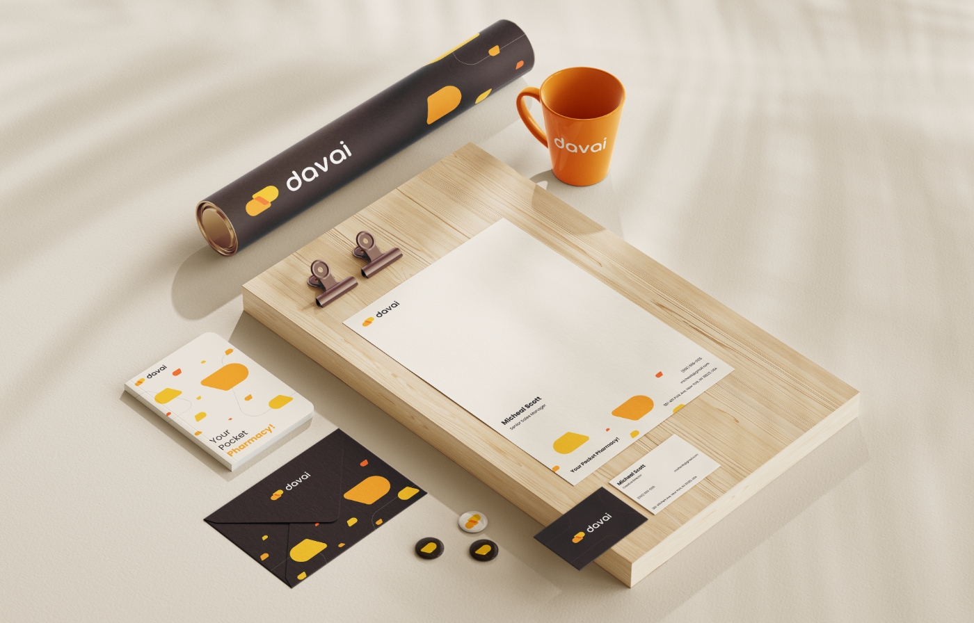 B2B制藥Davai平臺logo設(shè)計vi設(shè)計，橙色醫(yī)藥膠囊風格