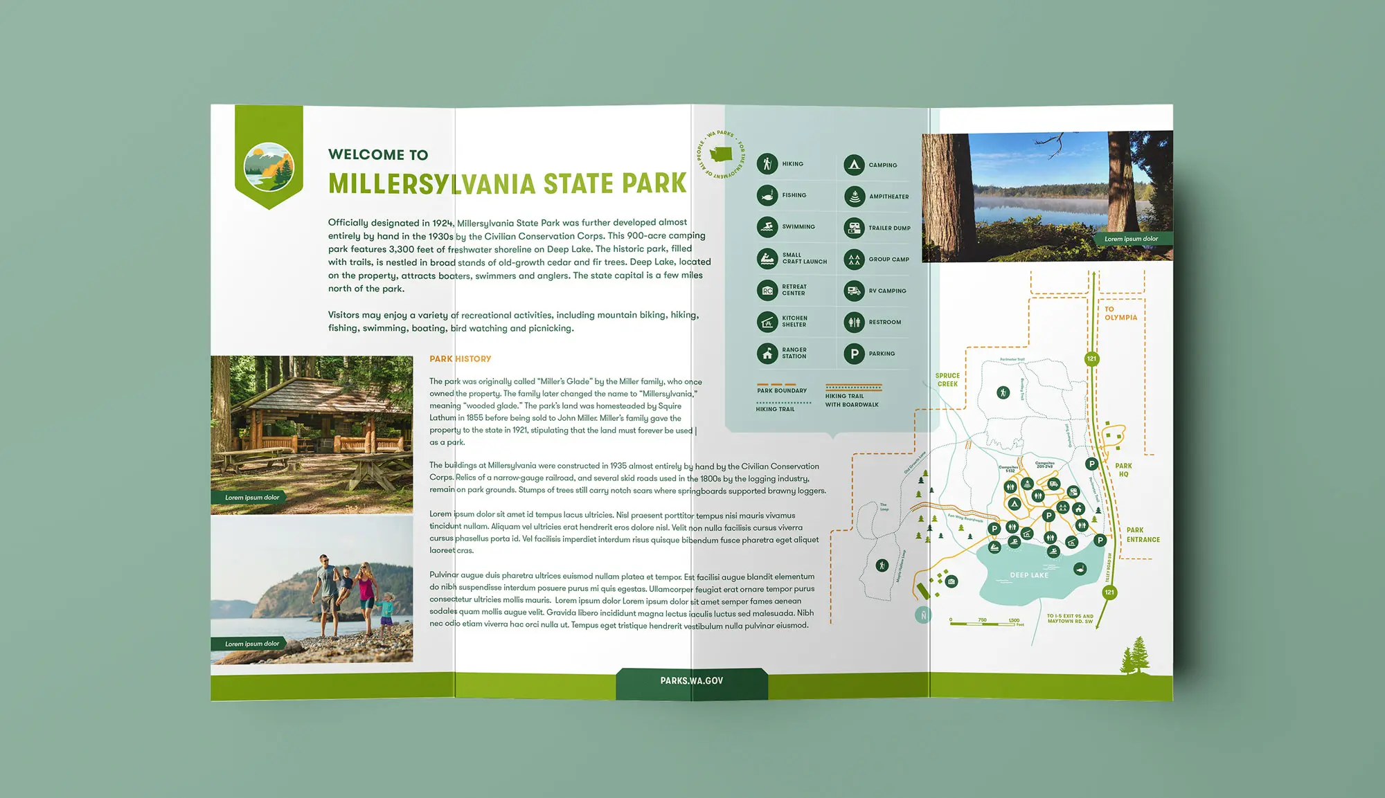 華盛頓州立深林公園logo設(shè)計(jì)，展示主要地形地貌特點(diǎn)-宣傳單頁