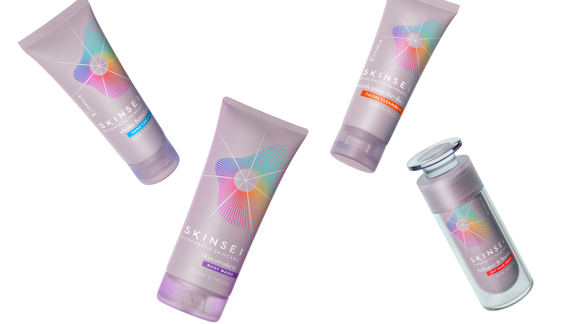 Skinsei私人個性化護膚品化妝品包裝設計，明亮多彩的萬花筒線條光譜主視覺圖案