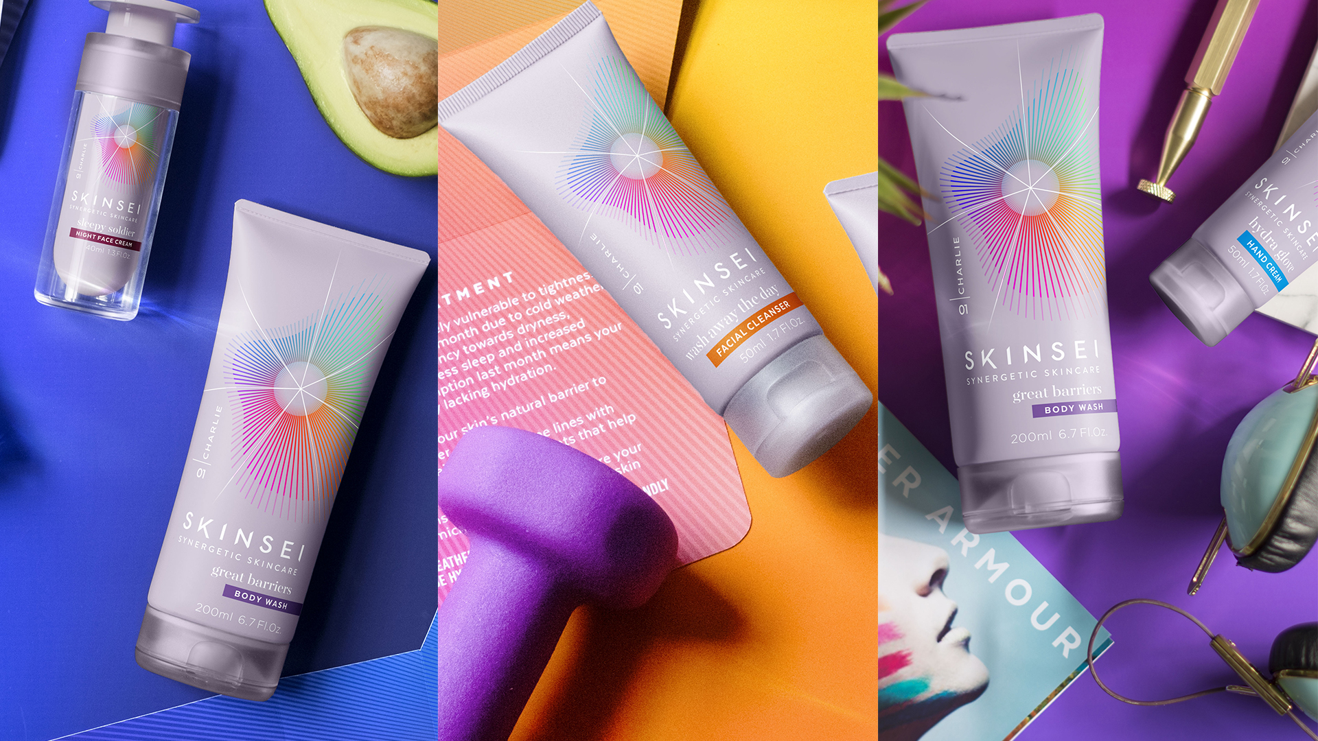 Skinsei私人個(gè)性化護(hù)膚品化妝品包裝設(shè)計(jì)，明亮多彩的萬花筒線條光譜主視覺圖案