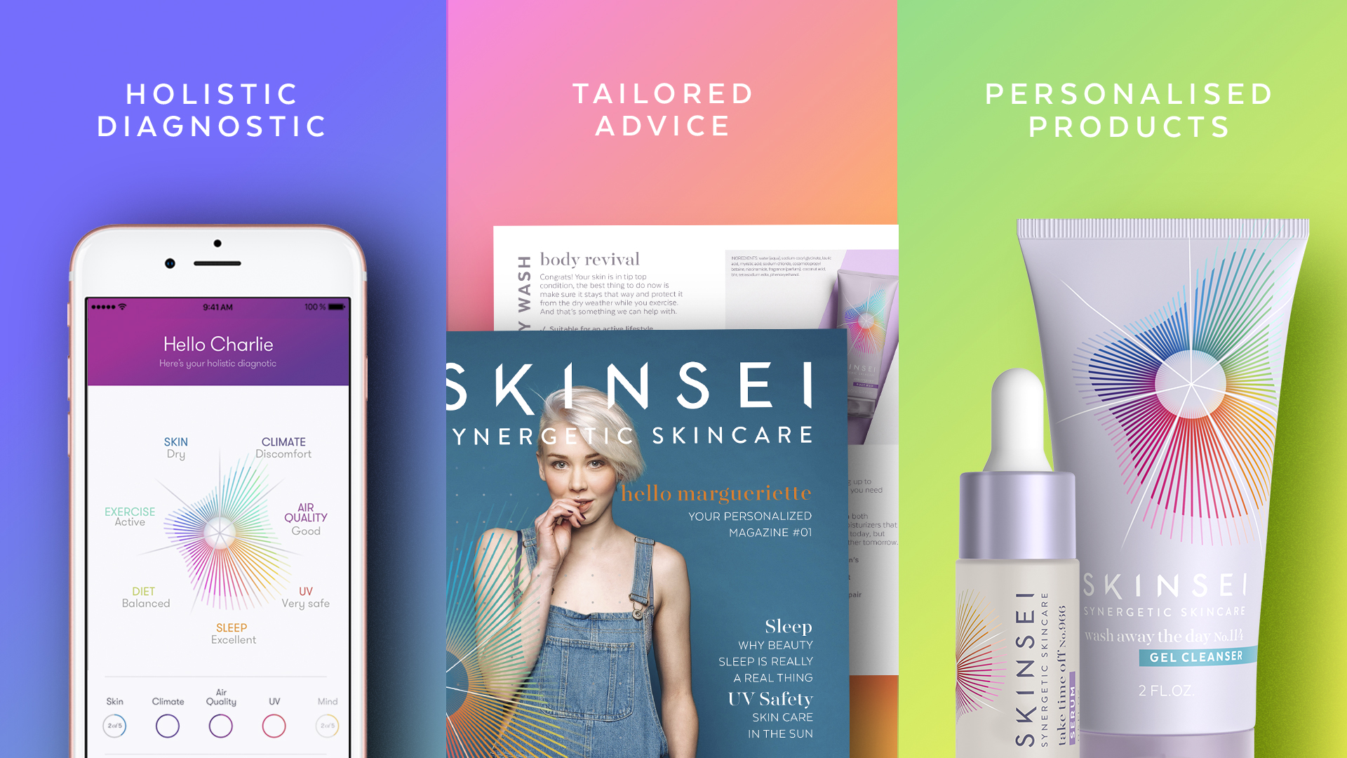 Skinsei私人個(gè)性化護(hù)膚品化妝品包裝設(shè)計(jì)，明亮多彩的萬花筒線條光譜主視覺圖案