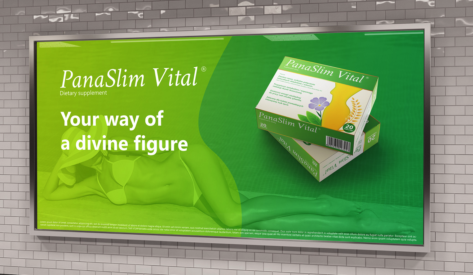 PanaSlim Vital 膳食補(bǔ)充劑減脂藥減肥藥品包裝設(shè)計(jì)，苗條身材+草本植物花卉插圖