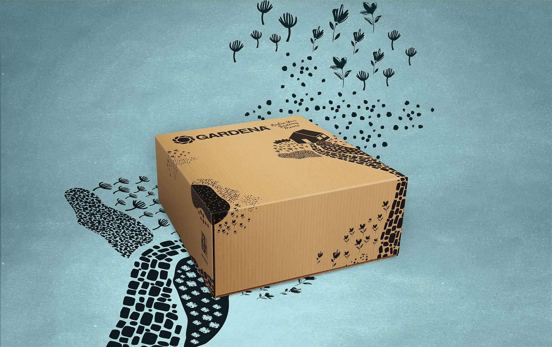 園藝工具領(lǐng)導(dǎo)者Gardena快遞產(chǎn)品瓦楞紙包裝盒設(shè)計(jì),花園鮮花灌木叢小路小房子插畫 園藝工具領(lǐng)導(dǎo)者Gardena快遞產(chǎn)品瓦楞紙包裝盒設(shè)計(jì),花園鮮花灌木叢小路小房子插畫