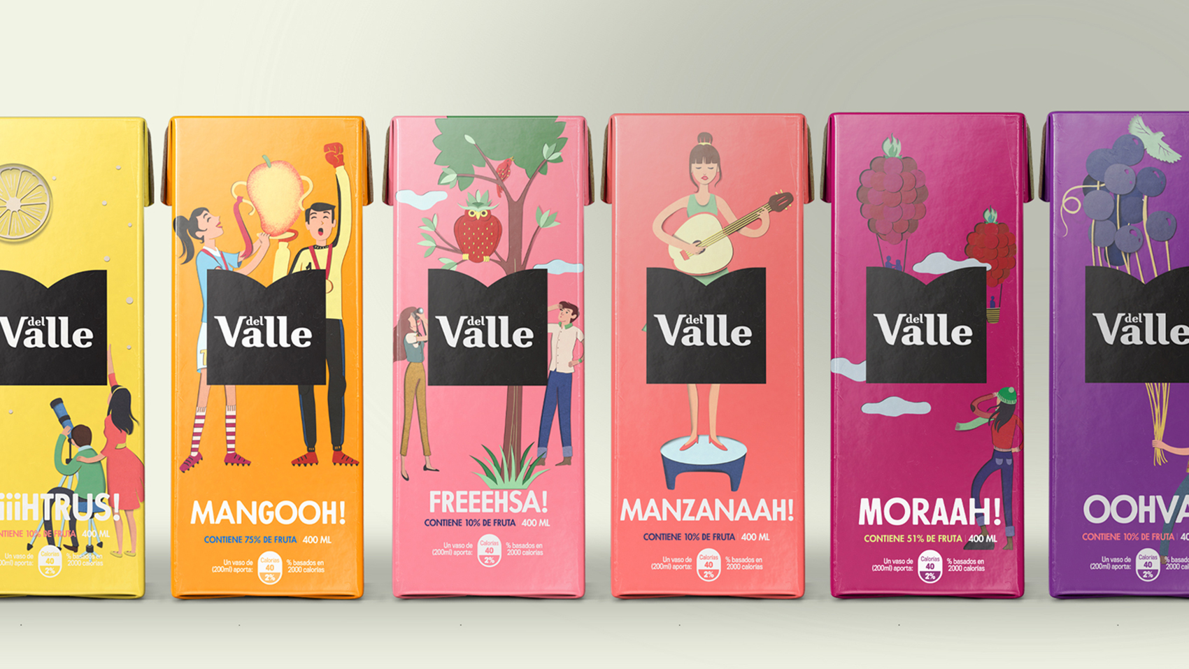 DEL VALLE 果汁包裝設(shè)計(jì)，少男少女+水果場景創(chuàng)意插畫