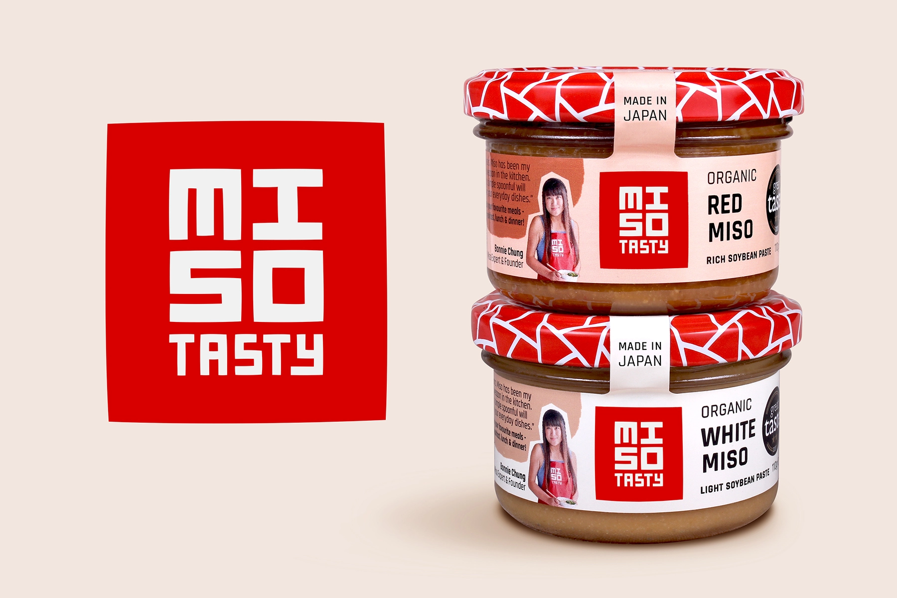 Miso Tasty日式味增調(diào)味品包裝設(shè)計(jì)，突出品牌logo與三角組合圖案識(shí)別元素
