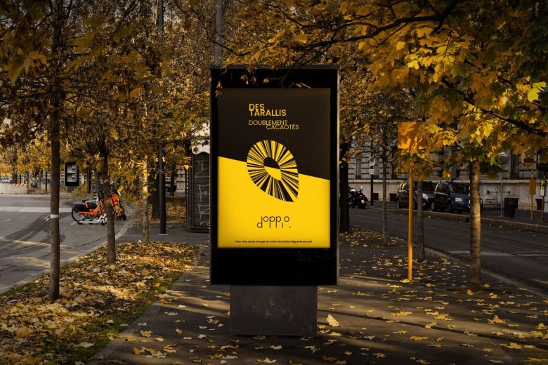 Doppio 食品包裝設計logo設計,黑黃色放射線條組合元素 Doppio 食品包裝設計logo設計,黑黃色放射線條組合元素